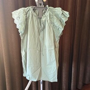 Elegant Light Green Eyelet Sleeve Blouse